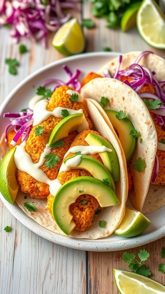 Crispy tilapia fish tacos with avocado, cabbage, and lime on a rustic wooden table.